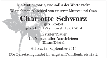 Traueranzeige von Charlotte Schwarz von Wochenspiegel Mansfelder Land