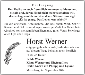 Traueranzeige von Horst Werner von Super Sonntag Merseburg