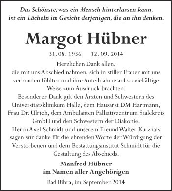 Traueranzeige von Margot Hübner von WVG - Wochenspiegel NMB / WSF / ZTZ