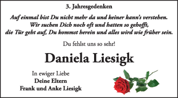 Traueranzeige von Daniela Liesigk von Super Sonntag Wittenberg