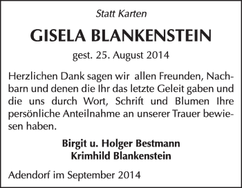 Traueranzeige von Gisela Blankenstein von Super Sonntag Wittenberg