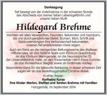 Traueranzeige von Hildegard Brehme von WVG - Wochenspiegel Quedlinburg