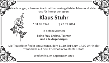 Traueranzeige von Klaus Stuhr von WVG - Wochenspiegel NMB / WSF / ZTZ