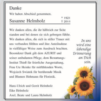 Traueranzeige von Susanne Helmholz von WVG - Wochenspiegel Quedlinburg