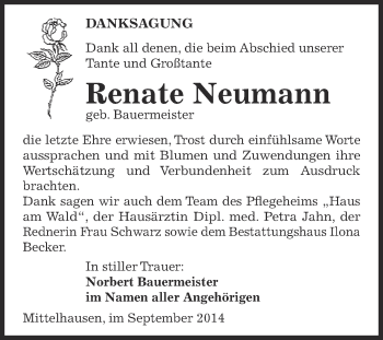 Traueranzeige von Renate Neumann von WVG - Wochenspiegel SGH