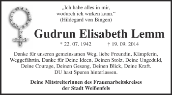 Traueranzeige von Gudrun Elisabeth Lemm von WVG - Wochenspiegel NMB / WSF / ZTZ