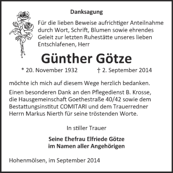 Traueranzeige von Günther Götze von WVG - Wochenspiegel NMB / WSF / ZTZ
