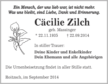 Traueranzeige von Cäcilie Zilch von WVG - Wochenspiegel Bitterfeld