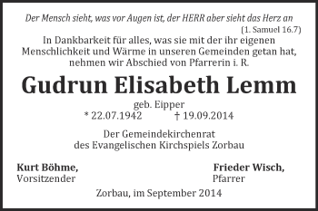 Traueranzeige von Gudrun Elisabeth Lemm von WVG - Wochenspiegel NMB / WSF / ZTZ