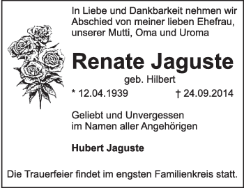 Traueranzeige von Renate Jaguste von Super Sonntag Dessau / Köthen