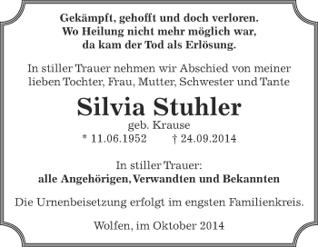 Traueranzeige von Silvia Stuhler von WVG - Wochenspiegel Bitterfeld