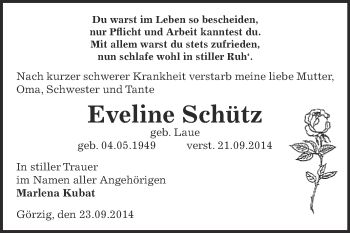 Traueranzeige von Eveline Schütz von WVG - Wochenspiegel Dessau / Köthen