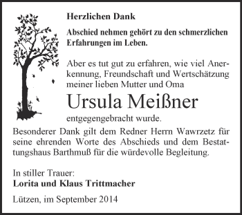 Traueranzeige von Ursula Meißner von WVG - Wochenspiegel Merseburg