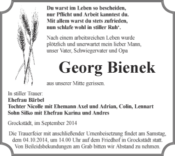 Traueranzeige von Georg Bienek von WVG - Wochenspiegel Merseburg