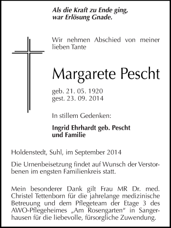 Traueranzeige von Margarete Pescht von WVG - Wochenspiegel SGH