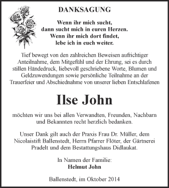 Traueranzeige von Ilse John von WVG - Wochenspiegel Quedlinburg