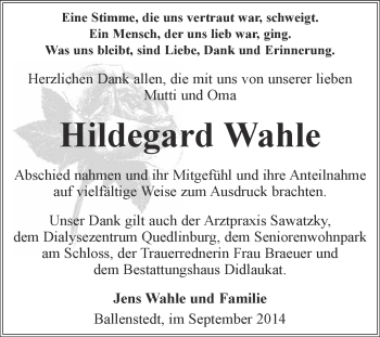 Traueranzeige von Hildegard Wahle von WVG - Wochenspiegel Quedlinburg