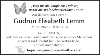 Traueranzeige von Gudrun Elisabeth Lemm von WVG - Wochenspiegel NMB / WSF / ZTZ