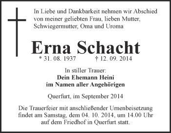 Traueranzeige von Erna Schacht von WVG - Wochenspiegel Merseburg