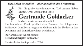 Traueranzeige von Gertraude Goldacker von WVG - Wochenspiegel SGH