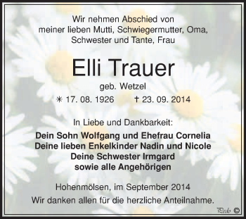 Traueranzeige von Elli Trauer von WVG - Wochenspiegel NMB / WSF / ZTZ