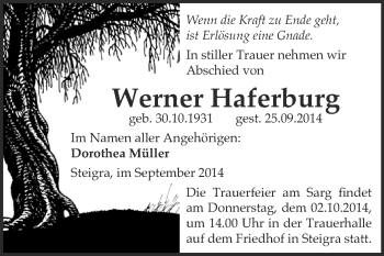 Traueranzeige von Werner Haferburg von WVG - Wochenspiegel NMB / WSF / ZTZ