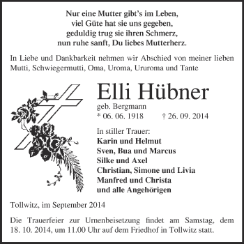 Traueranzeige von Elli Hübner von Super Sonntag Merseburg