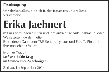 Traueranzeige von Erika Jaehnert von WVG - Wochenspiegel NMB / WSF / ZTZ