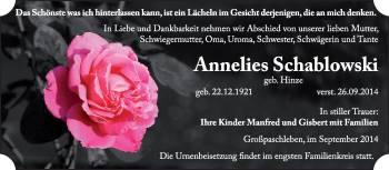 Traueranzeige von Annelies Schablowski von Super Sonntag Dessau / Köthen