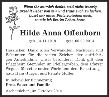 Traueranzeige von Hilde Anna Offenborn von WVG - Wochenspiegel Aschersleben