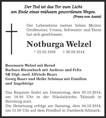 Traueranzeige von Notburga Welzel von WVG - Wochenspiegel Bernburg