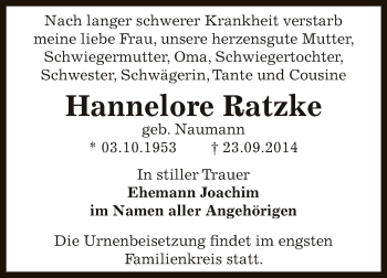 Traueranzeige von Hannelore Ratzke von Super Sonntag Bernburg