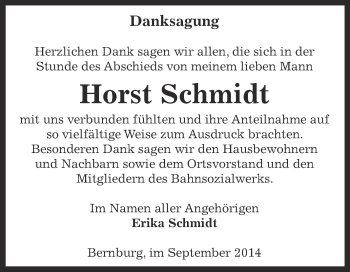 Traueranzeige von Horst Schmidt von Super Sonntag Bernburg