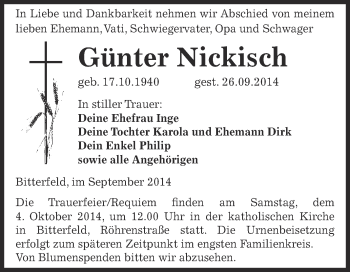 Traueranzeige von Günter Nickisch von WVG - Wochenspiegel Bitterfeld