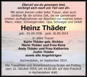 Traueranzeige von Heinz Thäder von WVG - Wochenspiegel Aschersleben