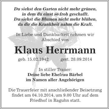 Traueranzeige von Klaus Herrmann von WVG - Wochenspiegel Bitterfeld