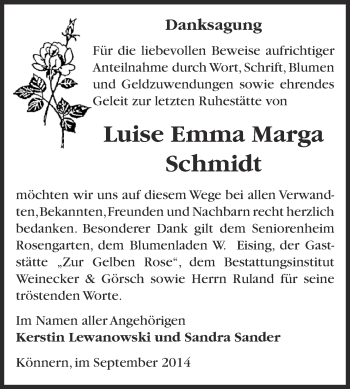 Traueranzeige von Luise Emma Marga Schmidt von Super Sonntag Bernburg