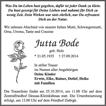 Traueranzeige von Jutta Bode von Super Sonntag Dessau / Köthen