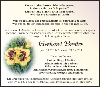 Traueranzeige von Gerbard Breiter von Super Sonntag Bernburg