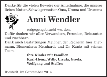 Traueranzeige von Anni Wendler von Super Sonntag SGH Mansf. Land