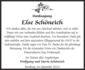 Traueranzeige von Else Schöneich von Super Sonntag Bernburg