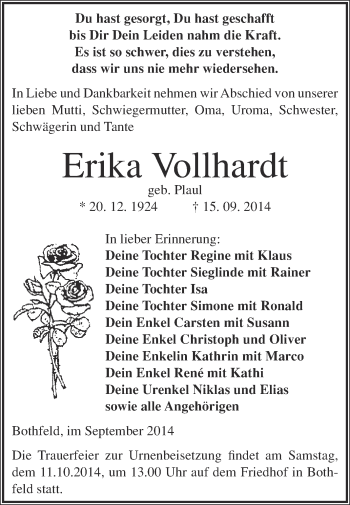 Traueranzeige von Erika Vollhardt von Super Sonntag Merseburg