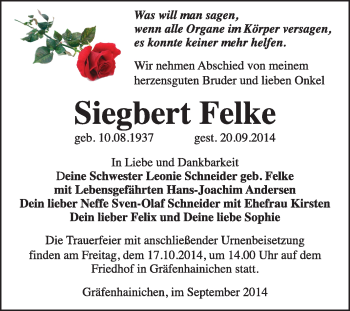 Traueranzeige von Siegbert Felke von WVG - Wochenspiegel Wittenberg