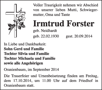 Traueranzeige von Irmtrud Forster von WVG - Wochenspiegel Wittenberg