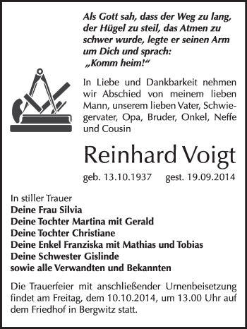Traueranzeige von Reinhard Voigt von WVG - Wochenspiegel Wittenberg