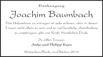 Traueranzeige von Joachim Baumbach von Super Sonntag Merseburg