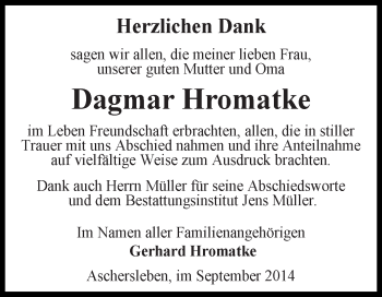 Traueranzeige von Dagmar Hromatke von WVG - Wochenspiegel Aschersleben