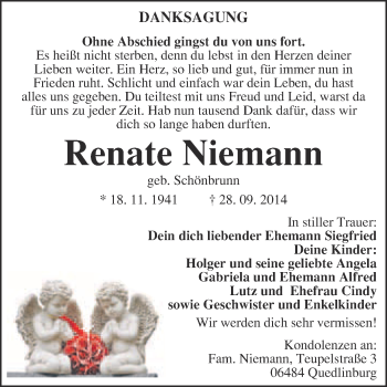 Traueranzeige von Renate Niemann von Super Sonntag Quedlinburg