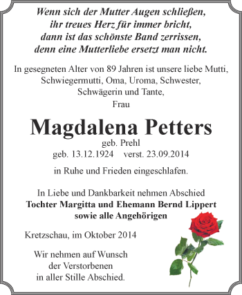 Traueranzeige von Magdalena Petters von Super Sonntag Zeitz