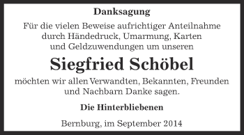 Traueranzeige von Siegfried Schöbel von Super Sonntag Bernburg